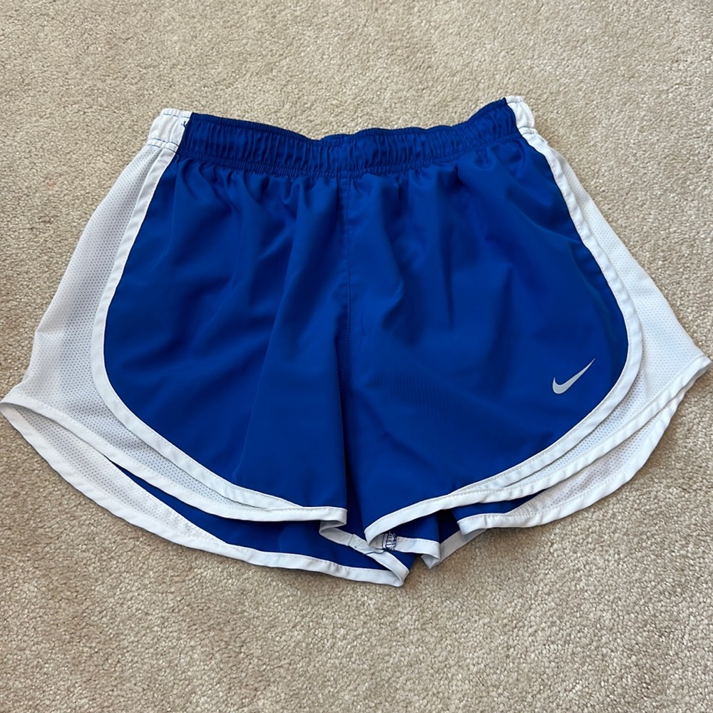 Nike women’s size medium Dri-Fit tempo athletic shorts, royal blue and white